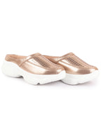 Women Golden Laser Cut Design Stitched Back Open Slip On Mules Shoes