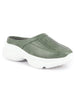 Women Olive Green Laser Cut Design Stitched Back Open Slip On Mules Shoes