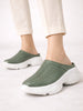 Women Olive Green Laser Cut Design Stitched Back Open Slip On Mules Shoes