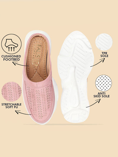 Women Pink Laser Cut Design Stitched Back Open Slip On Mules Shoes