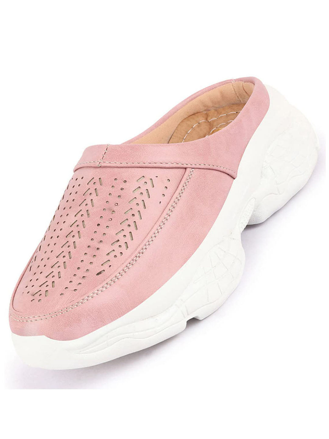 Shop Women Pink Laser Cut Design Stitched Back Open Slip On Mules Shoes Online.