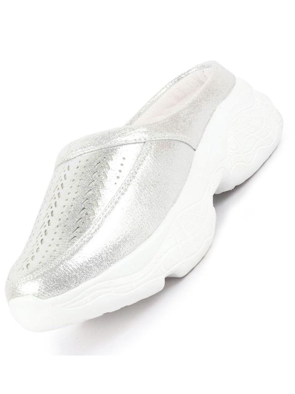 Women Silver Laser Cut Design Stitched Back Open Slip On Mules Shoes
