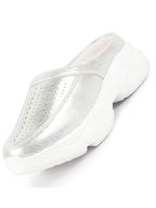 Women Silver Laser Cut Design Stitched Back Open Slip On Mules Shoes