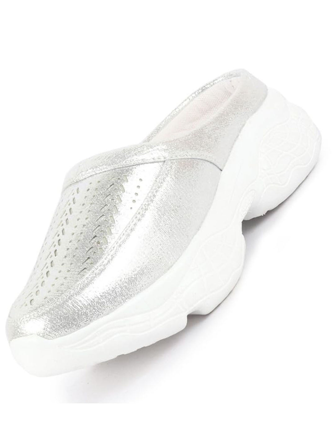 Women Silver Laser Cut Design Stitched Back Open Slip On Mules Shoes