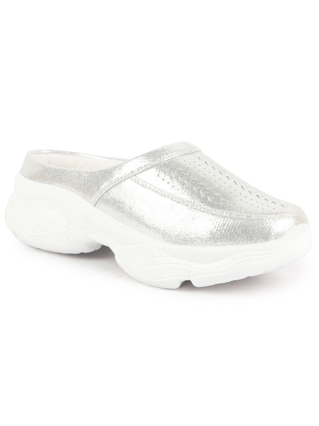 Women Silver Laser Cut Design Stitched Back Open Slip On Mules Shoes