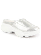 Women Silver Laser Cut Design Stitched Back Open Slip On Mules Shoes