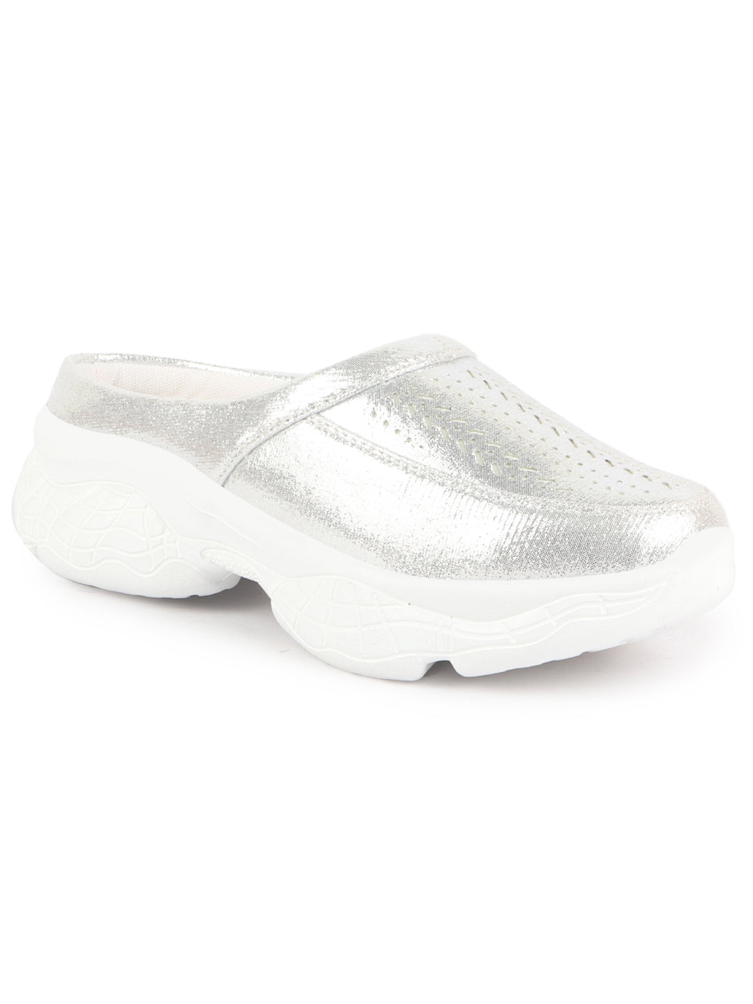Women Silver Laser Cut Design Stitched Back Open Slip On Mules Shoes