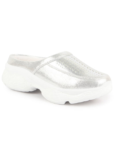 Women Silver Laser Cut Design Stitched Back Open Slip On Mules Shoes