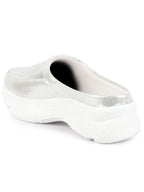 Women Silver Laser Cut Design Stitched Back Open Slip On Mules Shoes