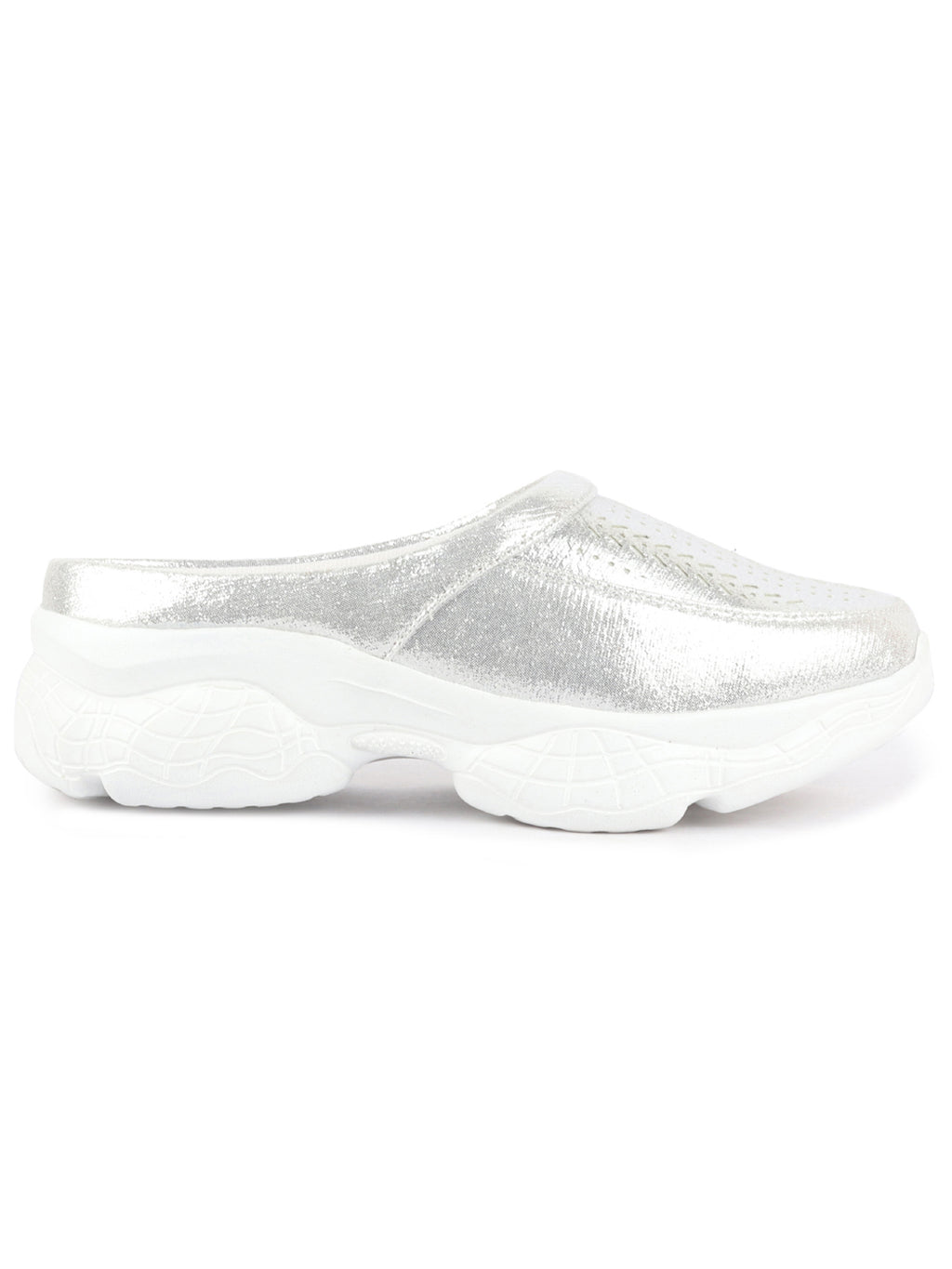 Women Silver Laser Cut Design Stitched Back Open Slip On Mules Shoes