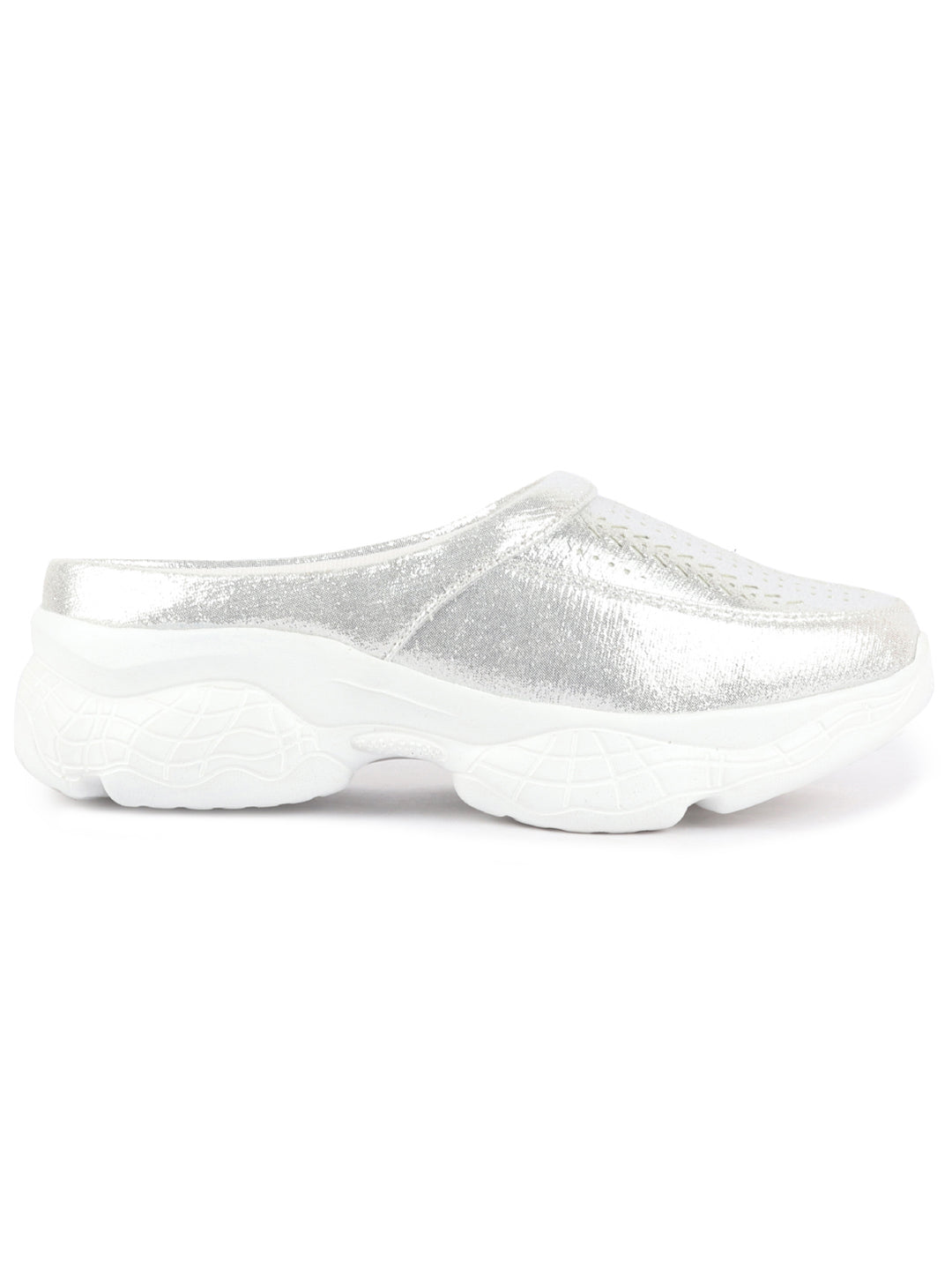 Women Silver Laser Cut Design Stitched Back Open Slip On Mules Shoes