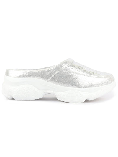 Women Silver Laser Cut Design Stitched Back Open Slip On Mules Shoes
