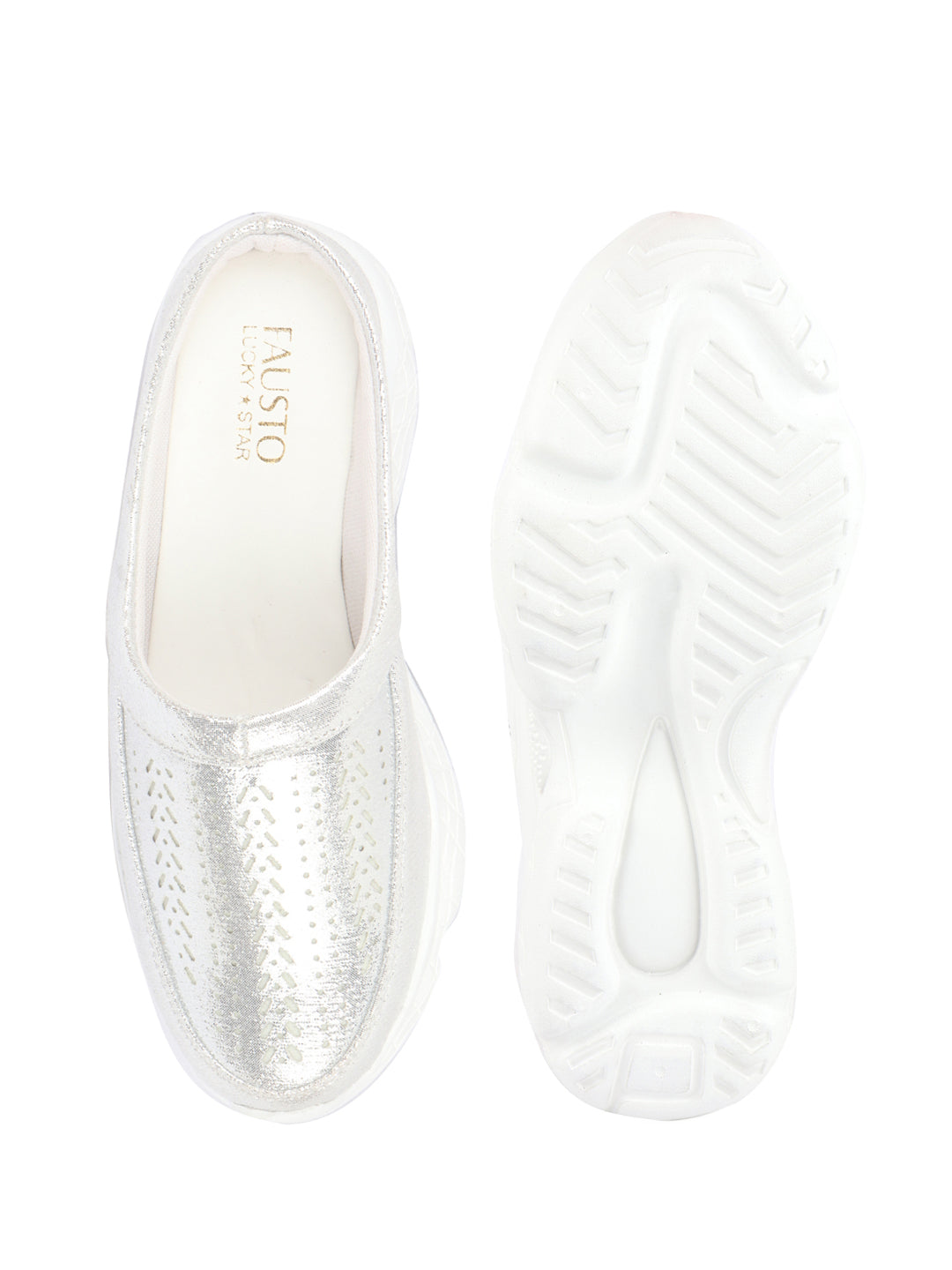 Women Silver Laser Cut Design Stitched Back Open Slip On Mules Shoes