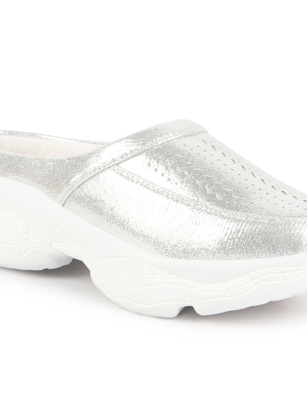 Women Silver Laser Cut Design Stitched Back Open Slip On Mules Shoes