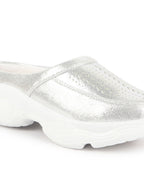 Women Silver Laser Cut Design Stitched Back Open Slip On Mules Shoes