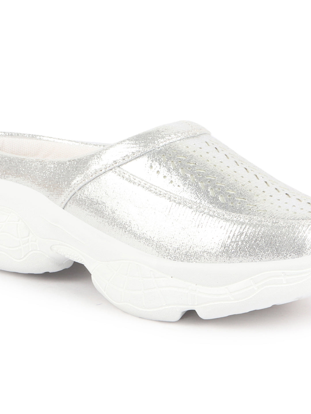 Women Silver Laser Cut Design Stitched Back Open Slip On Mules Shoes