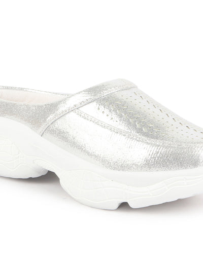 Women Silver Laser Cut Design Stitched Back Open Slip On Mules Shoes