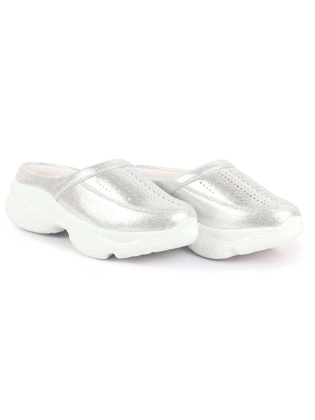Women Silver Laser Cut Design Stitched Back Open Slip On Mules Shoes