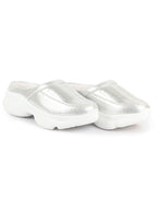 Women Silver Laser Cut Design Stitched Back Open Slip On Mules Shoes