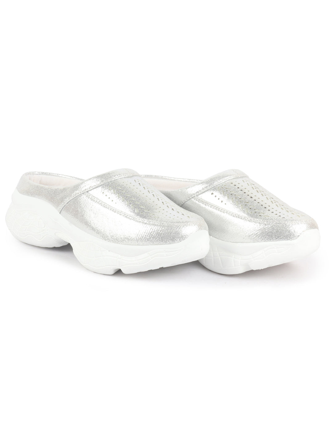 Women Silver Laser Cut Design Stitched Back Open Slip On Mules Shoes