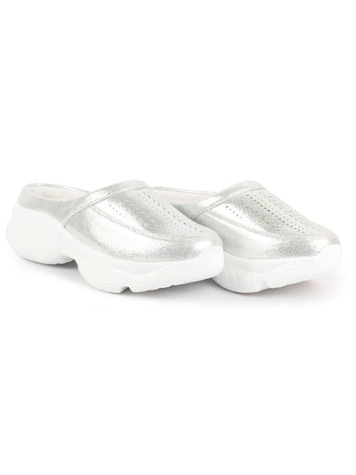 Women Silver Laser Cut Design Stitched Back Open Slip On Mules Shoes
