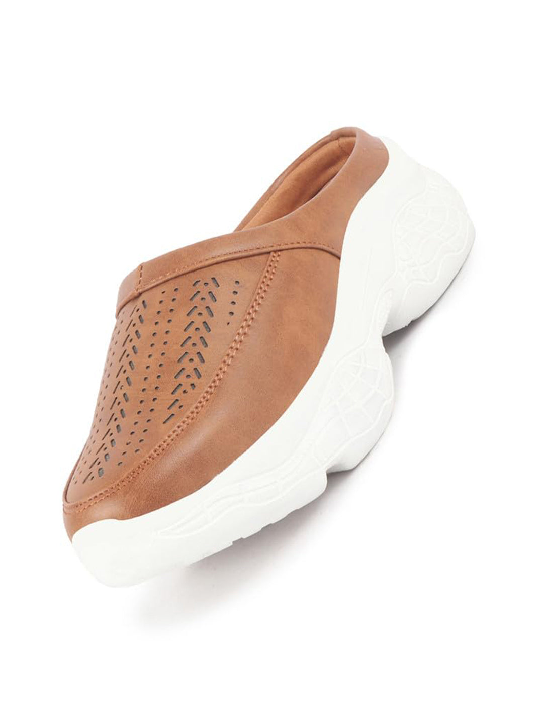 Women Tan Laser Cut Design Stitched Back Open Slip On Mules Shoes