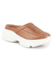 Women Tan Laser Cut Design Stitched Back Open Slip On Mules Shoes