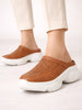 Women Tan Laser Cut Design Stitched Back Open Slip On Mules Shoes