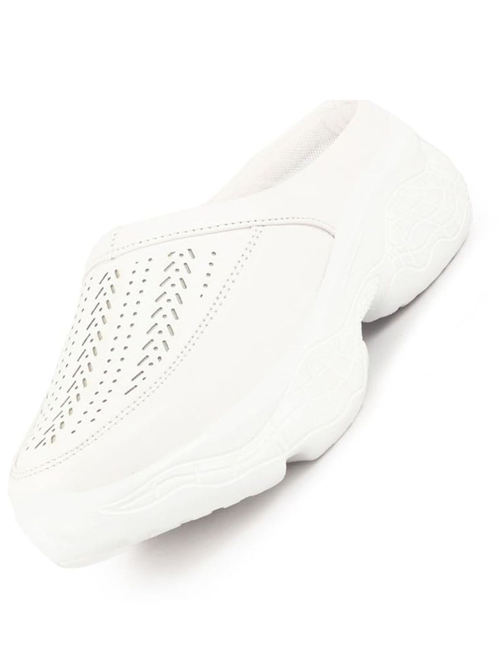 Shop Women White Laser Cut Design Stitched Back Open Slip On Mules Shoes Online.