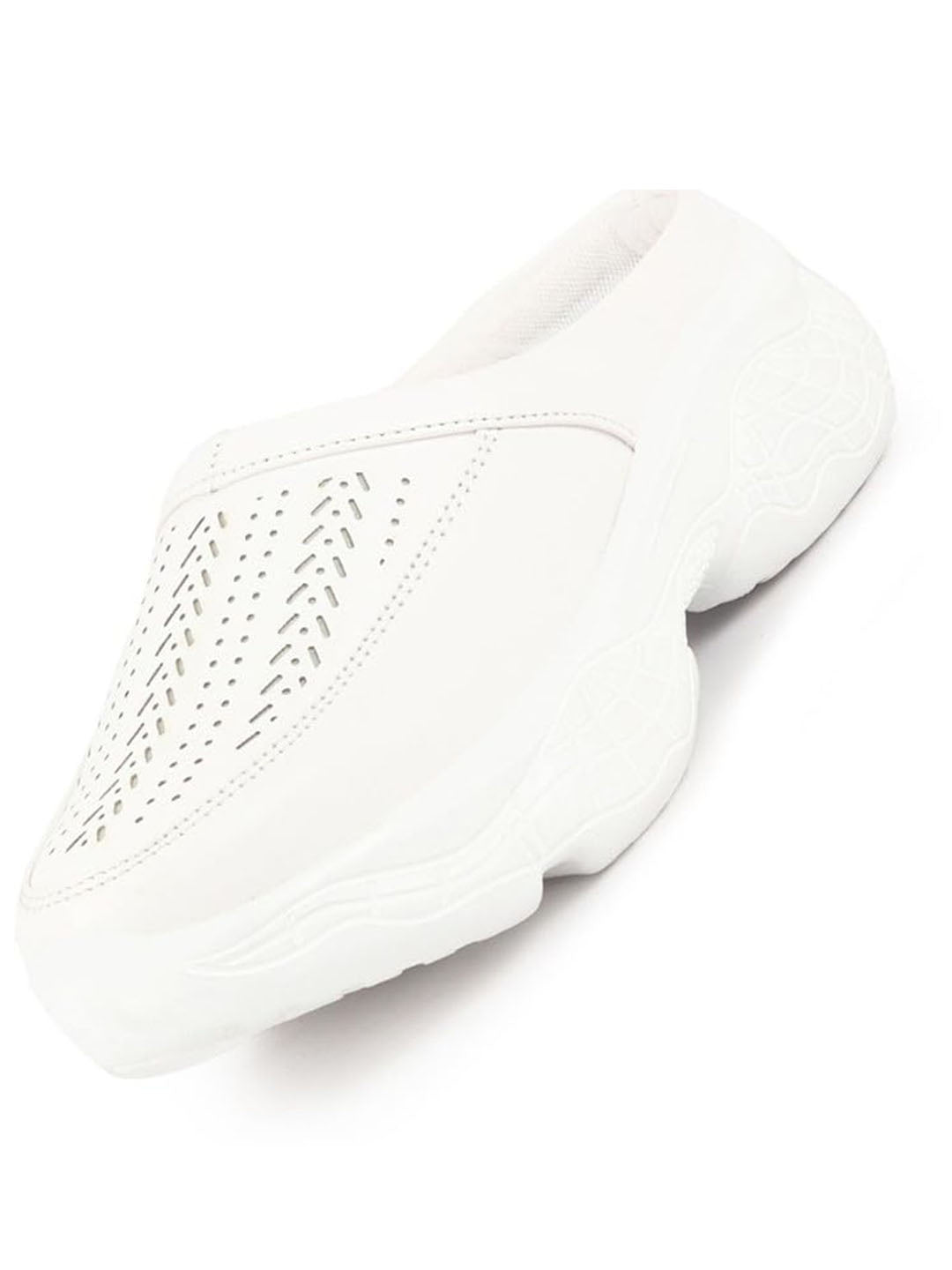 Shop Women White Laser Cut Design Stitched Back Open Slip On Mules Shoes Online.