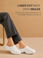 Women White Laser Cut Design Stitched Back Open Slip On Mules Shoes