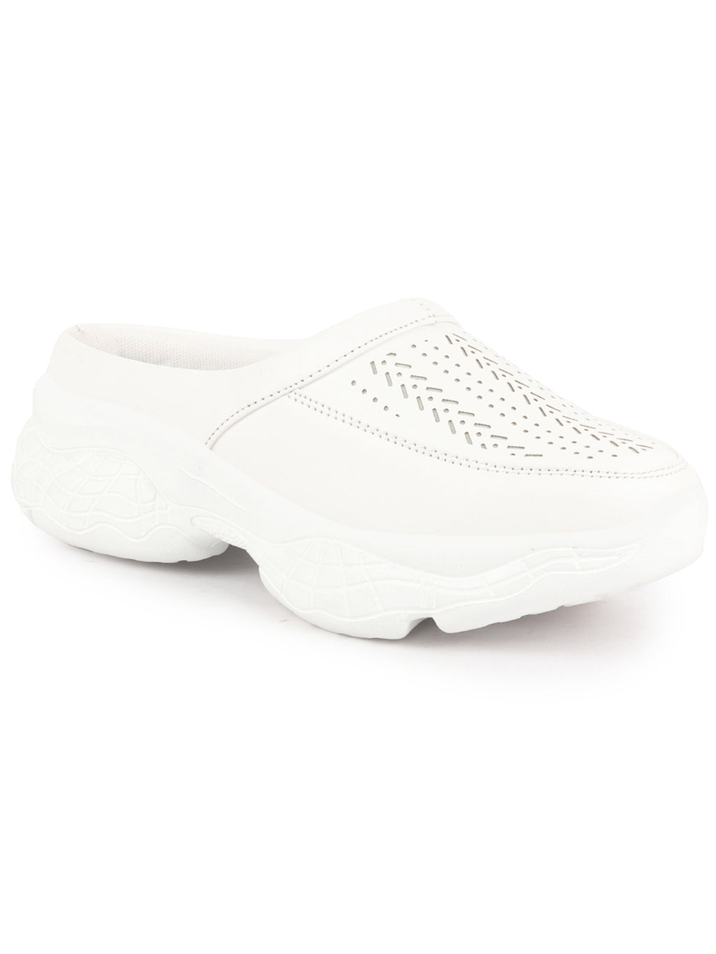 Women White Laser Cut Design Stitched Back Open Slip On Mules Shoes