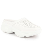 Women White Laser Cut Design Stitched Back Open Slip On Mules Shoes