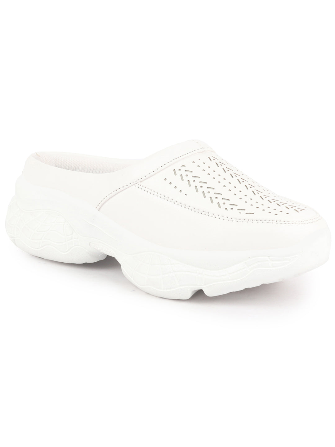 Women White Laser Cut Design Stitched Back Open Slip On Mules Shoes