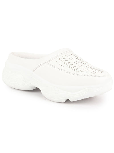 Women White Laser Cut Design Stitched Back Open Slip On Mules Shoes