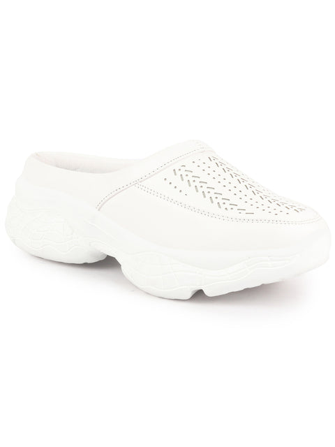 Women White Laser Cut Design Stitched Back Open Slip On Mules Shoes