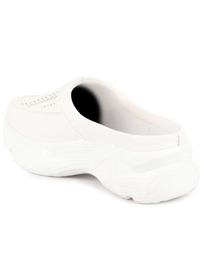 Women White Laser Cut Design Stitched Back Open Slip On Mules Shoes
