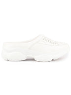 Women White Laser Cut Design Stitched Back Open Slip On Mules Shoes