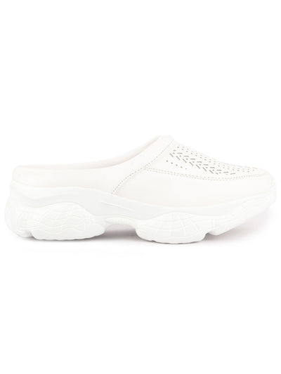 Women White Laser Cut Design Stitched Back Open Slip On Mules Shoes