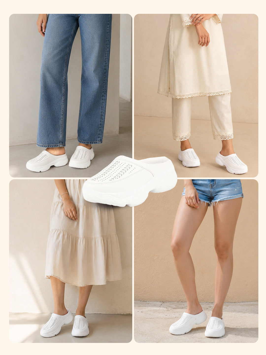Women White Laser Cut Design Stitched Back Open Slip On Mules Shoes