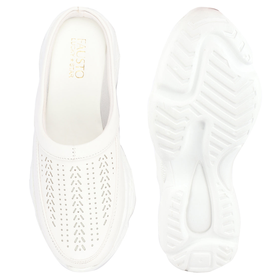 Women White Laser Cut Design Stitched Back Open Slip On Mules Shoes