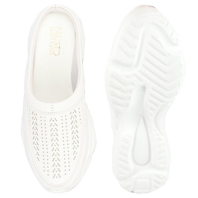 Women White Laser Cut Design Stitched Back Open Slip On Mules Shoes