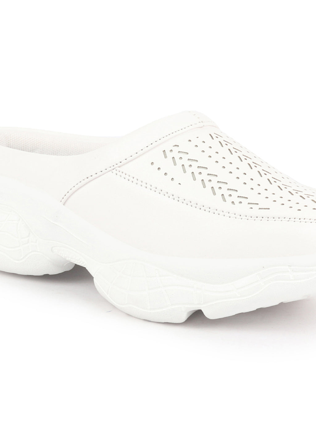 Women White Laser Cut Design Stitched Back Open Slip On Mules Shoes