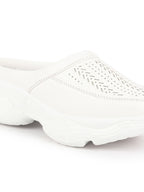 Women White Laser Cut Design Stitched Back Open Slip On Mules Shoes