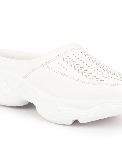 Women White Laser Cut Design Stitched Back Open Slip On Mules Shoes