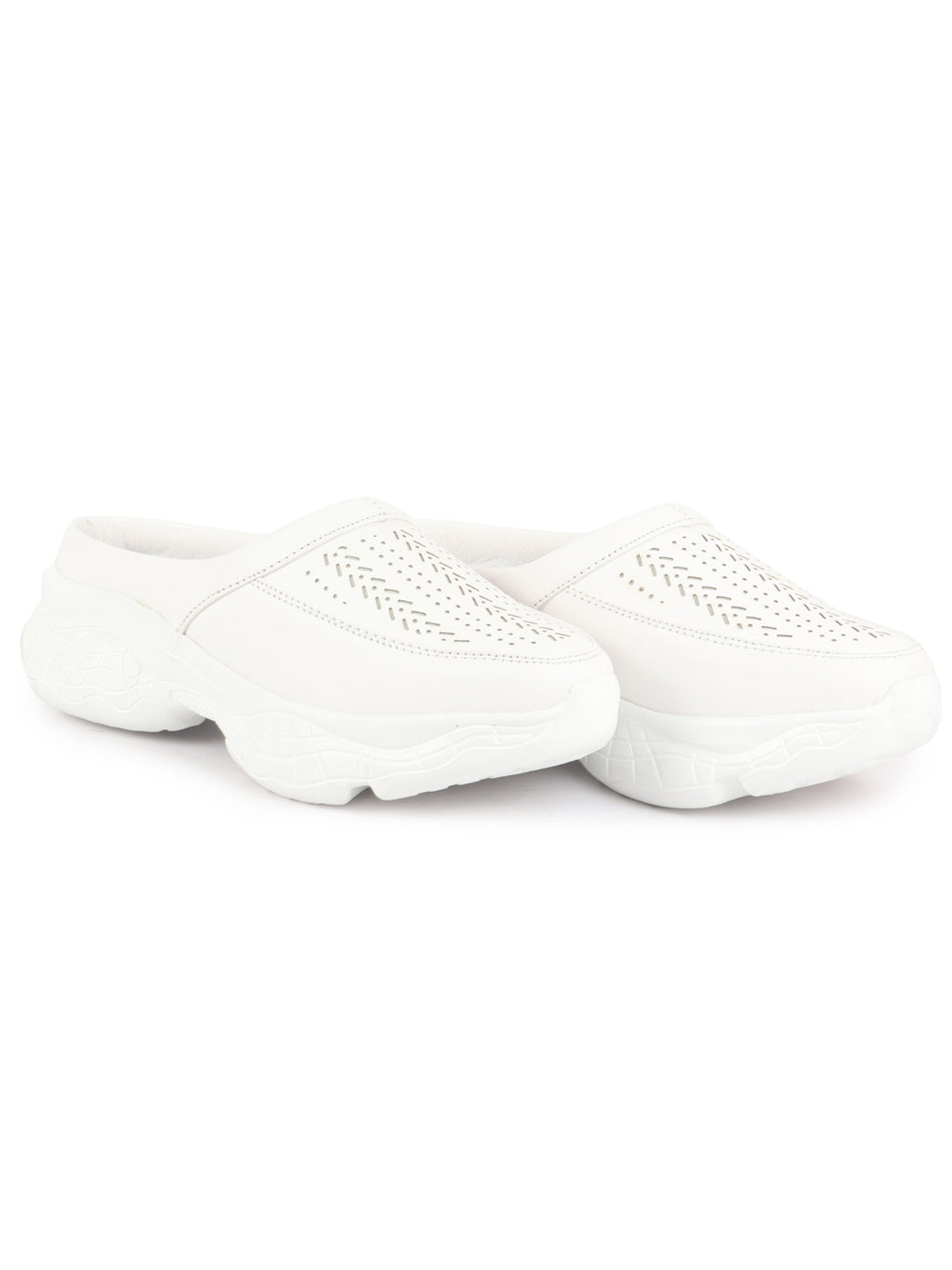 Women White Laser Cut Design Stitched Back Open Slip On Mules Shoes