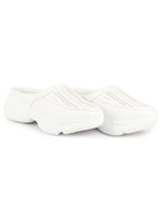 Women White Laser Cut Design Stitched Back Open Slip On Mules Shoes