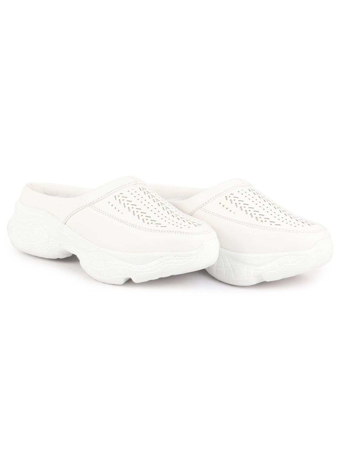 Women White Laser Cut Design Stitched Back Open Slip On Mules Shoes