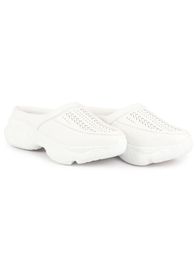Women White Laser Cut Design Stitched Back Open Slip On Mules Shoes