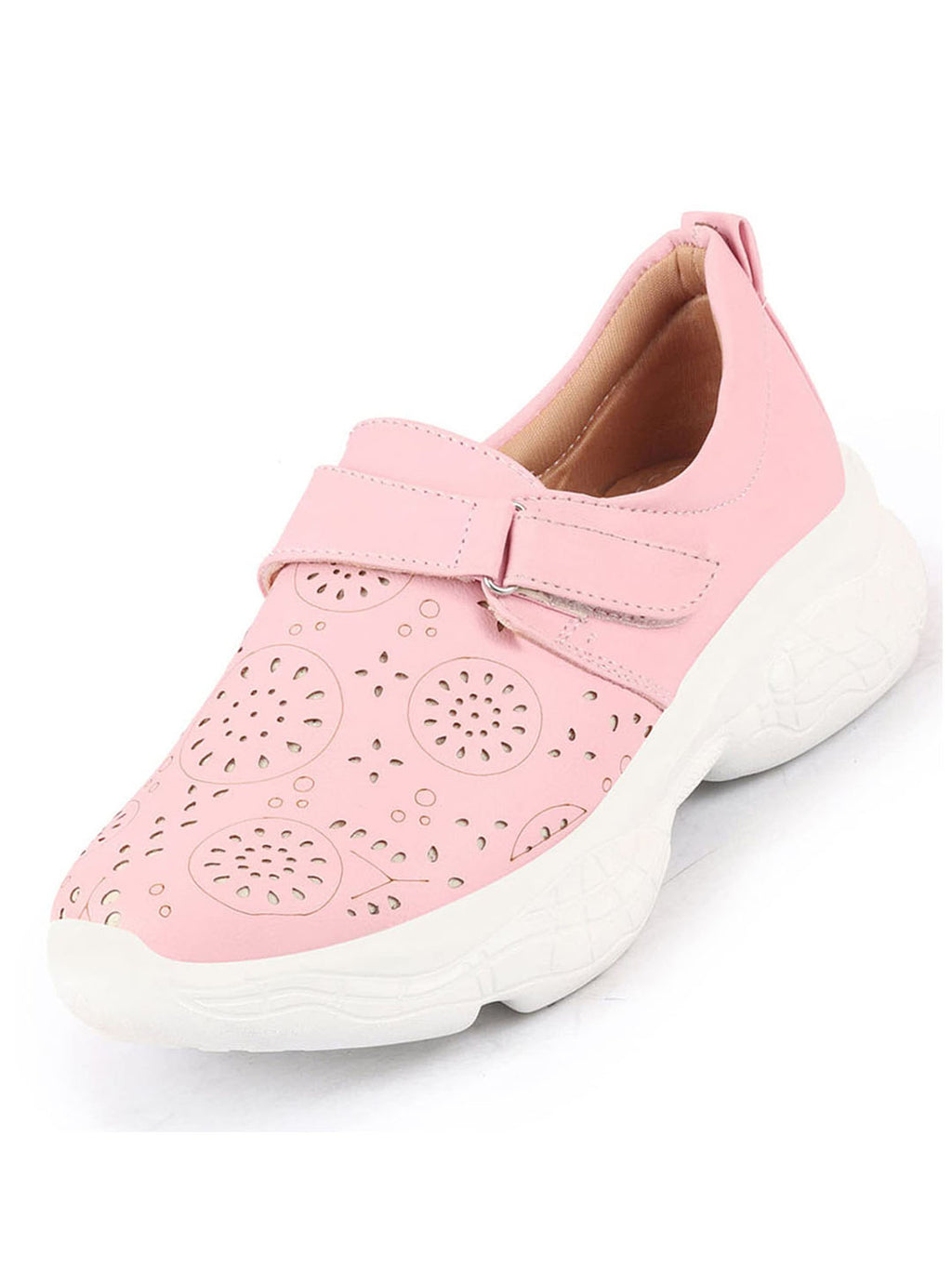 Shop Women Pink Laser Cut Design Stitched Back Open Hook & Loop Buckle Mules Shoes Online.